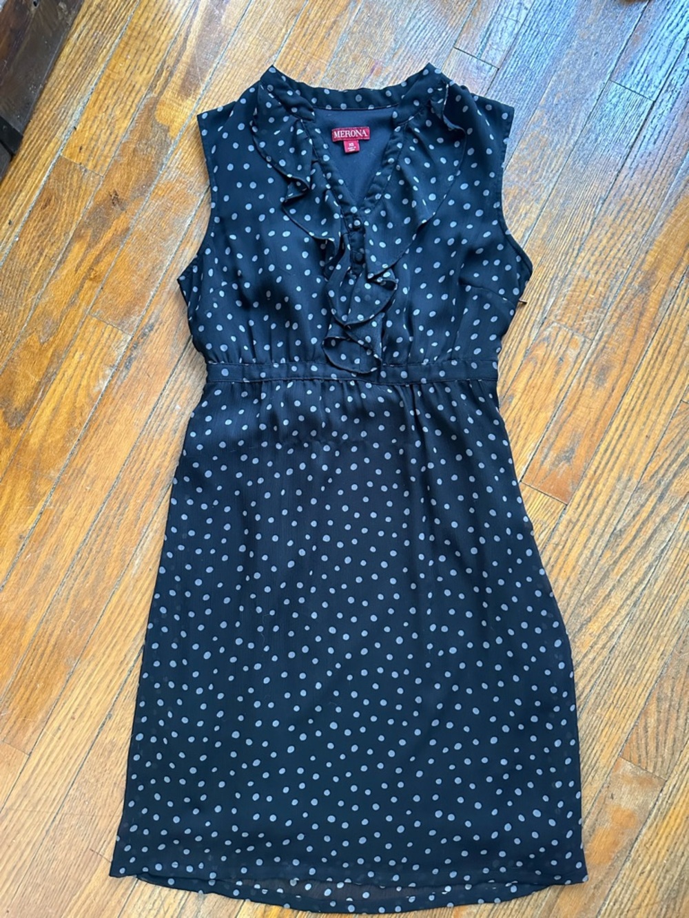 Merona Black Dress with Gray Polka Dots and Ruffle V-Neck